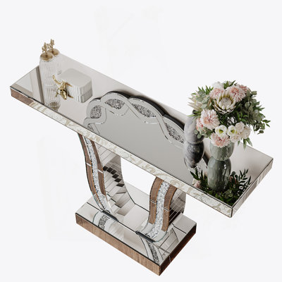 43 Inch Mirrored Console Table, Modern Silver Entryway Sofa Table With Curved Stone-Inlaid Legs, Glamorous And Versatile Accent For Living Room And Hallway