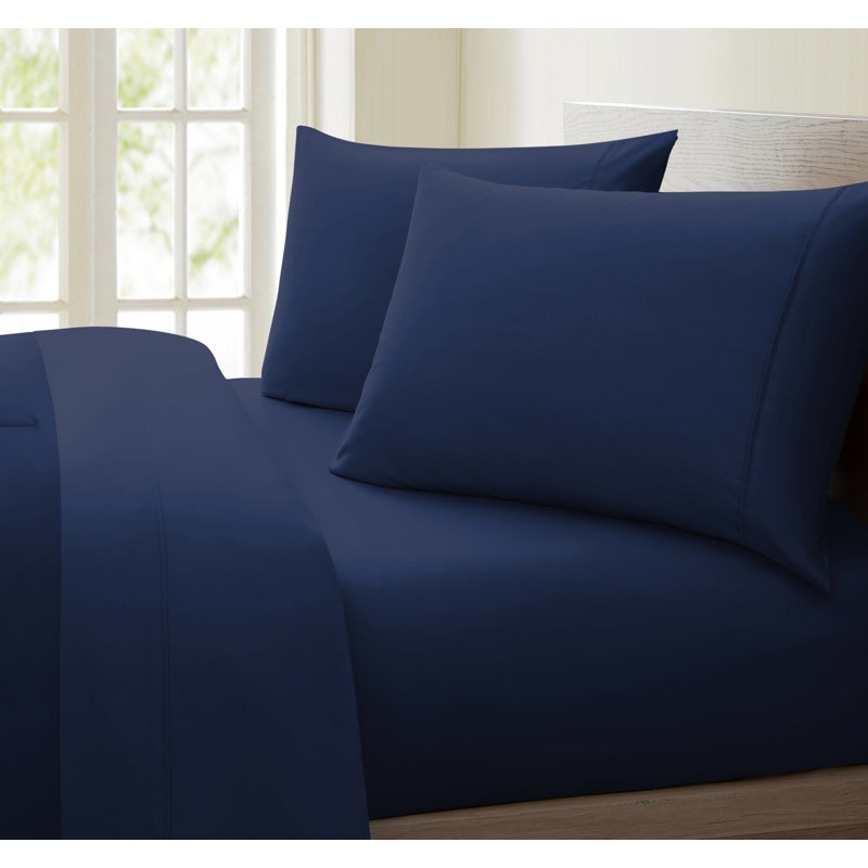 Ensemble de draps en coton de qualité égyptienne 600 fils, Bleu marine, Simple TG + une taie d'oreiller standard