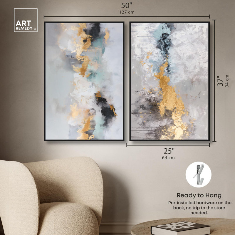 Ensemble de 2 reproductions d'art sur toile Gilded Luxe Duo , Noir, Impression dans un cadre flottant sans passe-parto