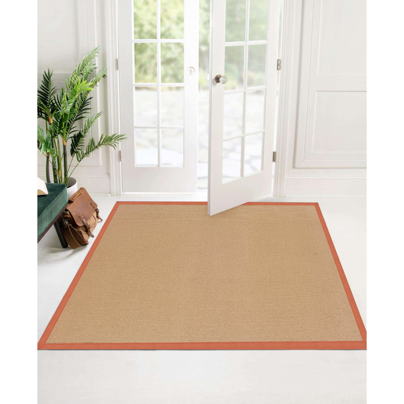 Nannette Handmade Dark Beige Berber with Burnt Orange Cotton Border Made in the USA Area Rug, Rectangle 5' x 8'