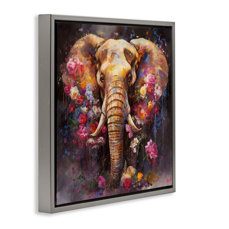 «Flower Swathed Elephant» par Marta Wiley, H 25 po x l 25 po, Cadre flottant gris lustré