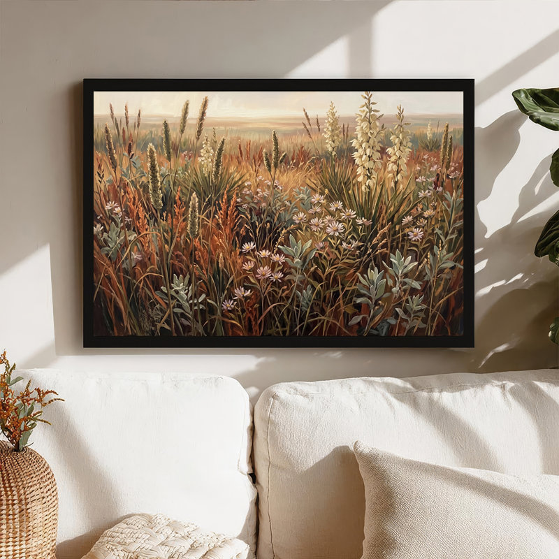 Art mural sur toile fleurs blanches et herbes hautes dans des tons terreux, H 12 po x l 18 po
