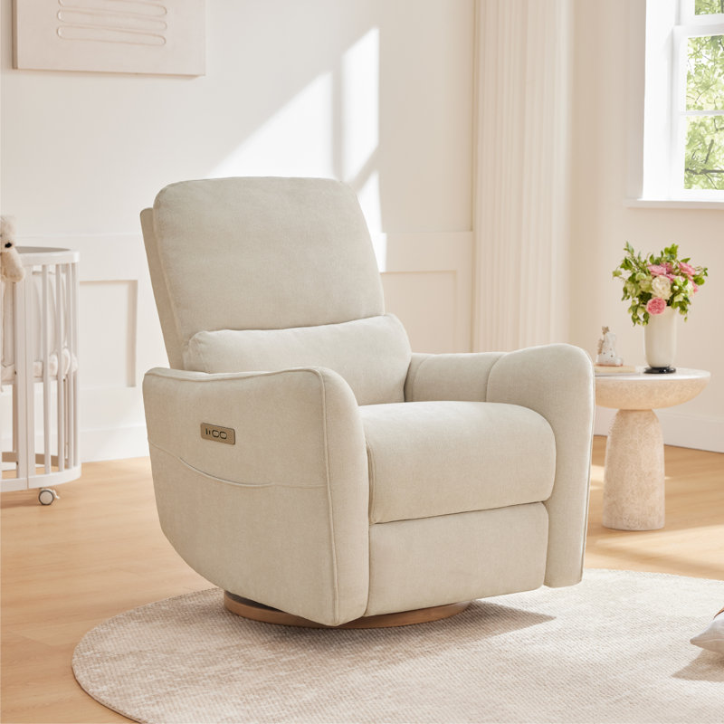 Modern Swivel Power Recliner With USB & Type-C Charge, Side Pocket, And Solid Wood Swivel Base, Cream