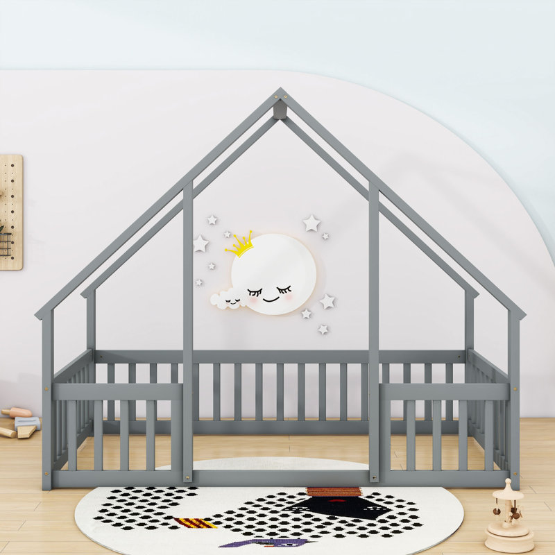 Lit en bois avec clôture et garde-corps, gris, Simple
