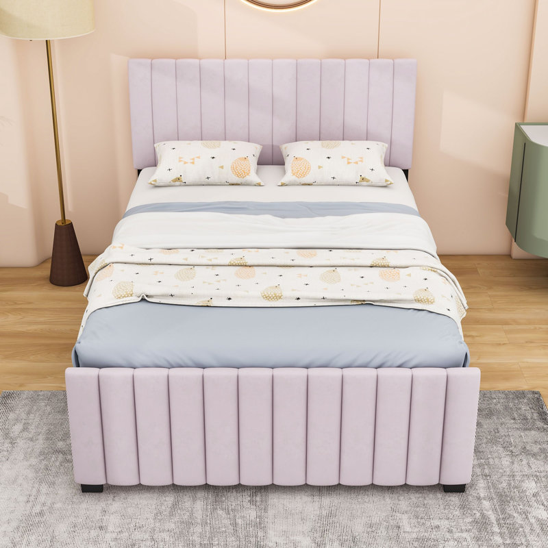 Elegant Velvet Upholstered Bed with Twin Trundle, Full, Pink