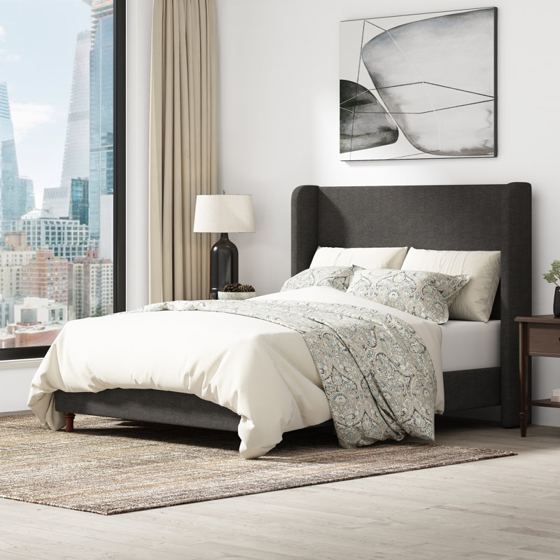 Albree Hoppe Modern Upholstered Platform Bed With Wingback Headboard, Queen, Ivory Boucle