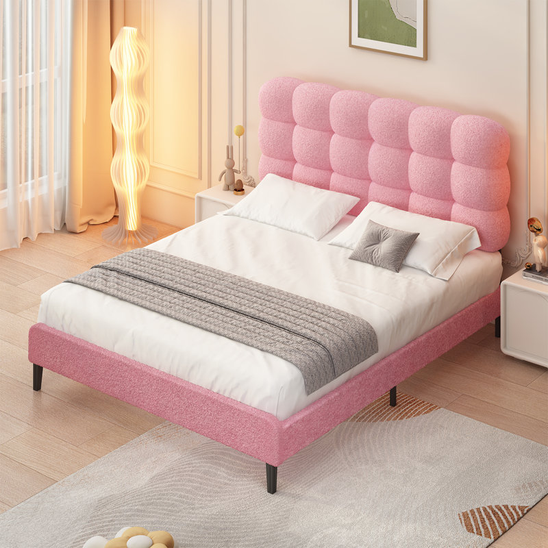 Tête de lit tapissier Aadi, lit plateforme avec support en lattes de bois robuste, conception à deux formes de lit, Rose