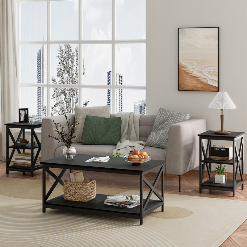 Sabeeha 3-Piece Coffee Table Set with Coffee Table and 2 End Tables,Industrial X-Shaped Design Living Room Table Set