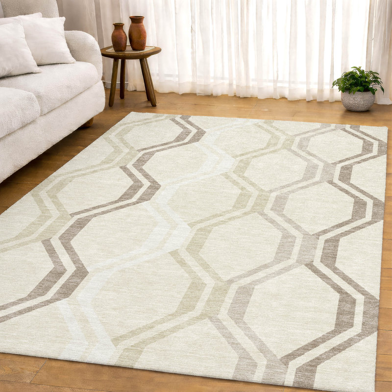 Tapis de qualité supérieure Mid-Century moderne lavable à la machine Premium Mayfield AMF2326, Beige, 9 pi x 12 pi