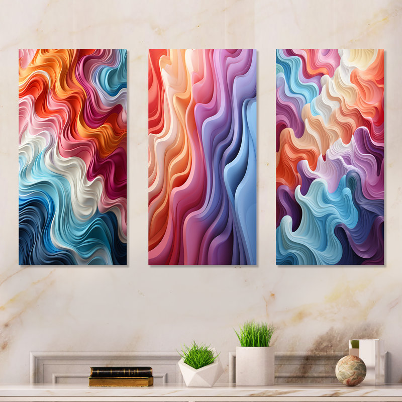 Multicolore Op Art Illusory Profondeur - ensemble de 3 reproductions d'art sur toile Op Art, H 28 po x l 36 po, Toile tendue