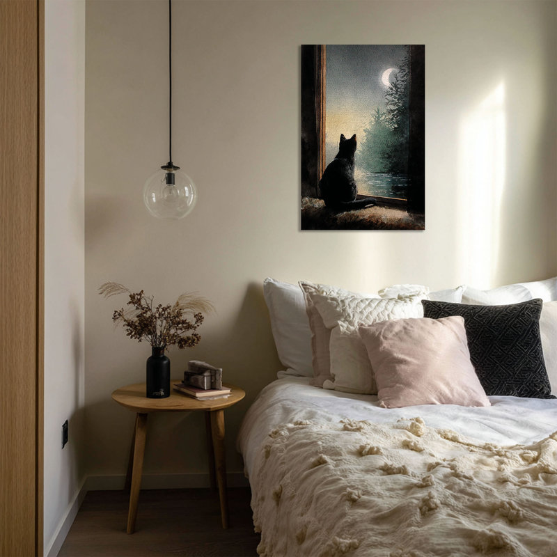 Chat à la porte ouverte, croissant de lune, forêt de pins, lac, toile tendue, décoration de salon, de chambre à coucher ou de bureau