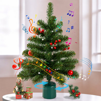 2ft Pre-Lit Rotating Tabletop Christmas Tree with Color Lishts, Holiday Music & Cranberry Desktop Decoration