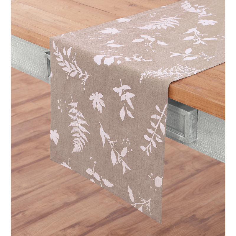 Botanical Leaves Print - 100% Pure Linen Table Runner, Natural and White, 60" x 14"