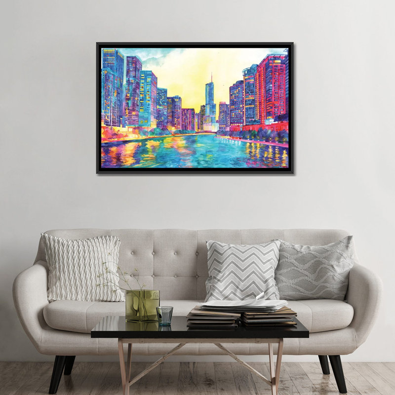 «Chicago River» par Maja Wronska, impression sur toile, H 32 po x l 48 po x P 1,5 po, Toile avec cadre noir, Pas de tapis