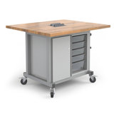 Explorer Maker table with 1 Bin module with bins & 1 Storage module with locking doors and power