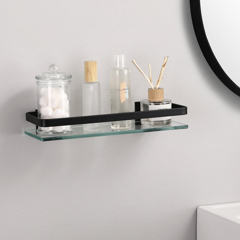 Wall Mounted Rectangle Glass Shelf with Aluminum Black Rails, Extra Thick Tempered Glass Floating Shelf for Bathroom Storage