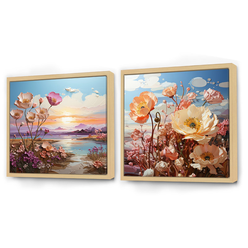 «Pink Poppies Mountain Field», ensemble de 2 collages floraux carrés, Cadre flottant brun, H 30 po x l 61 po