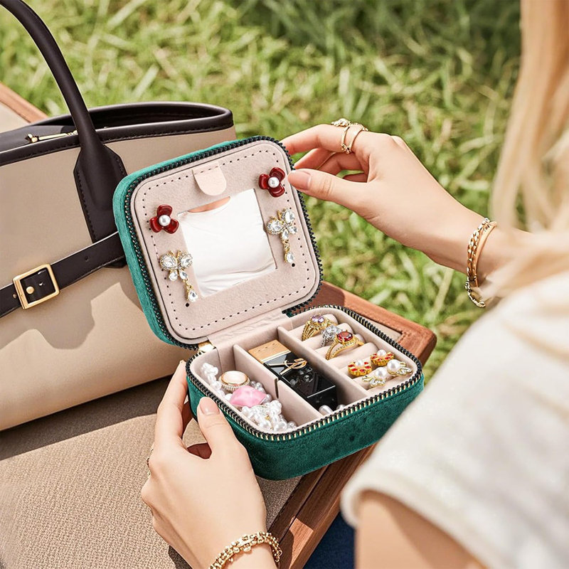 Travel Jewellery Box With Mirror - Emerald Green Plush Vel...