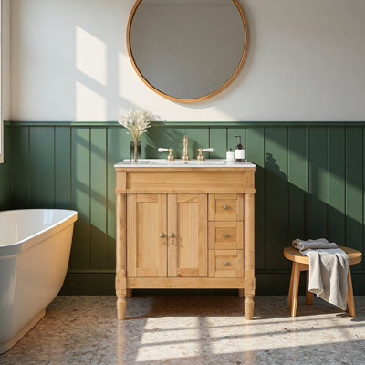 Meuble-lavabo moderne de 30 pouces, structure en bois massif et panneau de fibres à densité moyenne, 2 portes et 3 tiroirs, conception à fermeture en douceur, tablette ajustable en forme de U, lavabo en céramique, ensemble d'armoires de rangement pour salle de bain, conception élégante et moderne, structure robuste