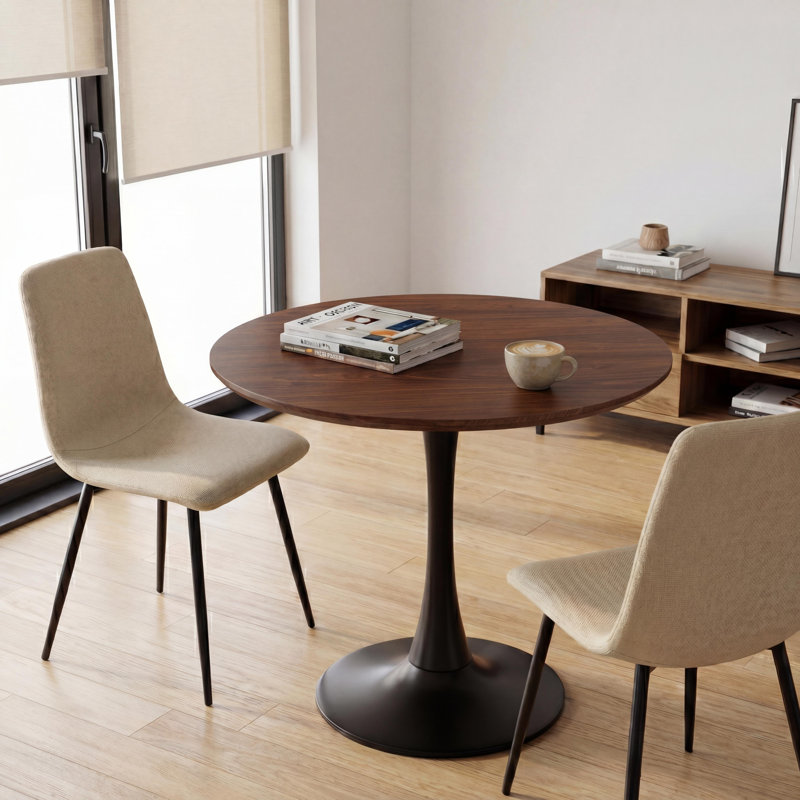 31.5" Round Dining Table With Pedestal Base,Mid-Century Modern Coffee Table With Mdf Table Top, Walnut/Black