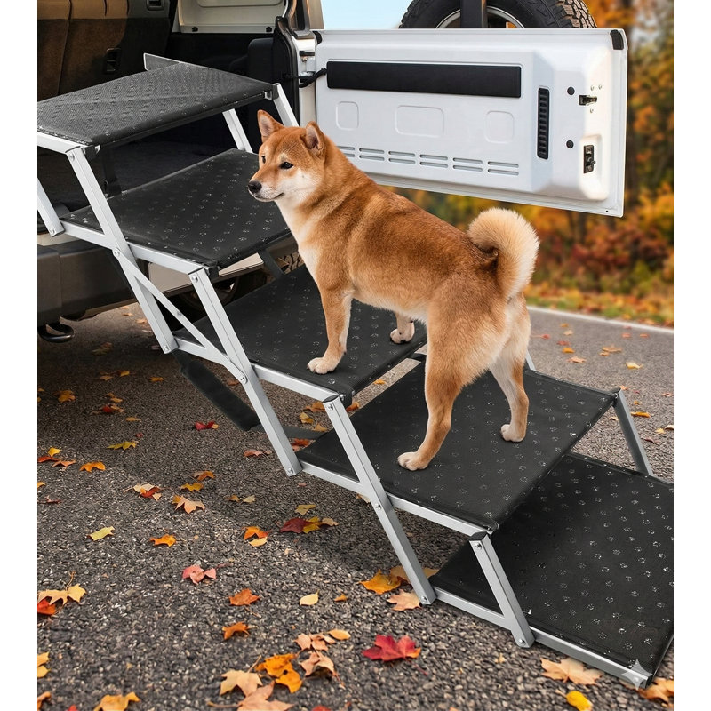 Rampe pour chien compacte pliante pour voitures, VUS, camions - Marches pour animaux de compagnie transportables avec surface antidérapante et construction renforcée, légère et durable pouvant supporter jusqu'à 200 lb (largeur élargie - 5 bandes de roulement)