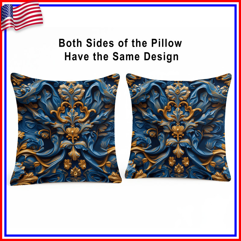 Coussins décoratifs à motif baroque bleu et or, 14 X 14 pouces