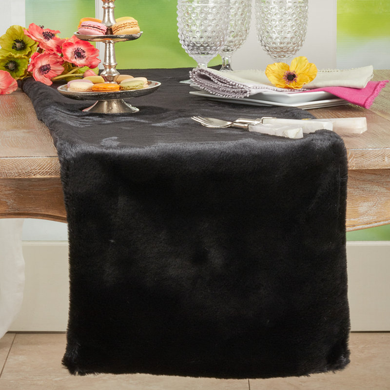 Chemin de table moelleux en fausse fourrure de lapin moderne l 14 po x L 72 po, Noir