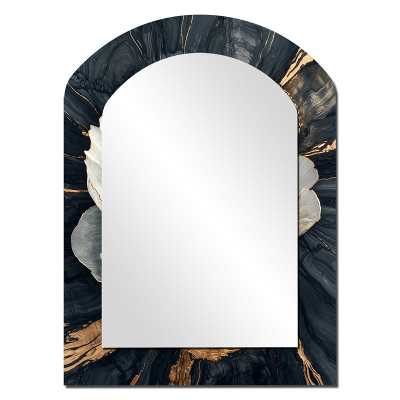 Abstrait pivoines de Goldern sur diapositive en bois foncé I - grand miroir en forme d'arche de pivoines, décor de miroir mural asymétrique traditionnel, art en métal imprimé