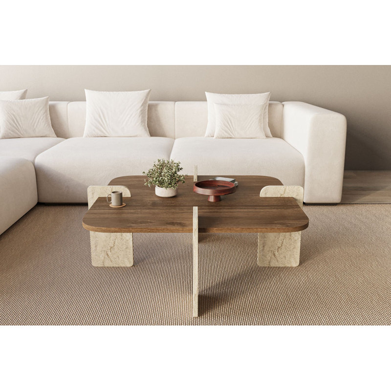 Table basse carrée en travertin et noyer, Beige, Travertin noyer