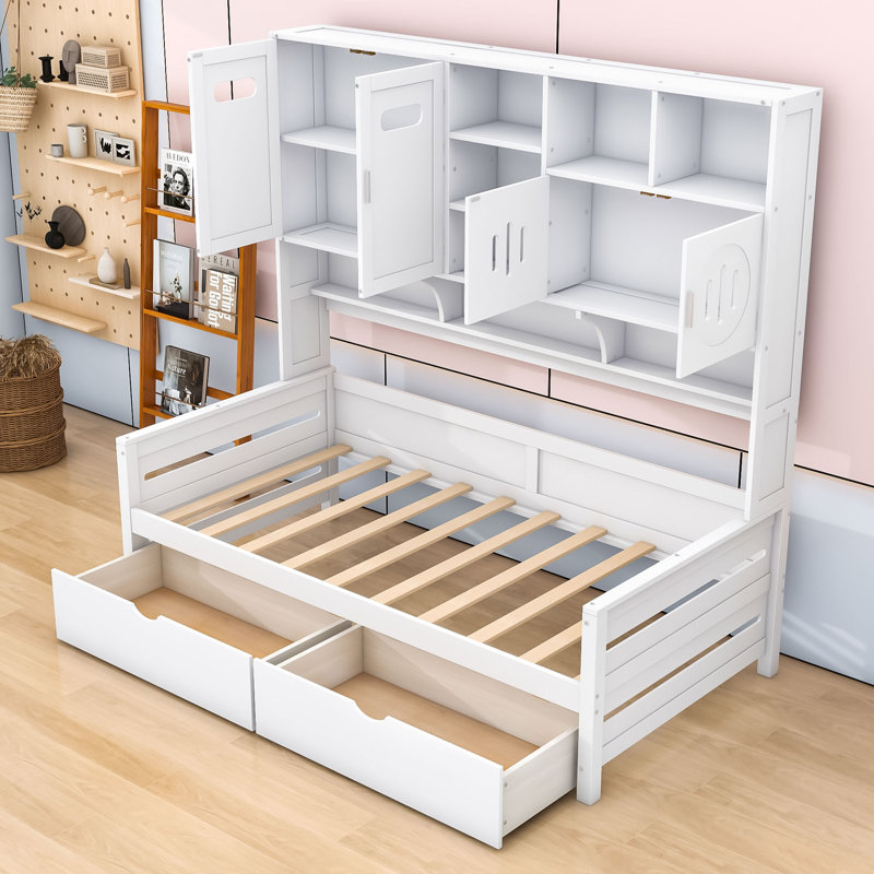 Wooden Daybed with Shelves and 2 Drawers, Twin, White