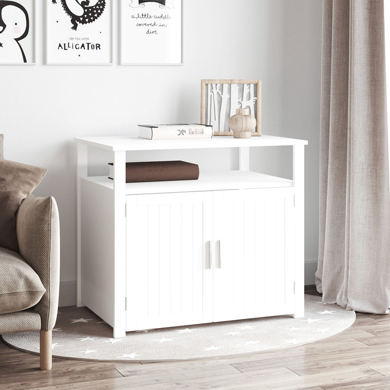 Meuble de toilette blanc avec bac à litière en bois blanc et grande tablette polyvalente