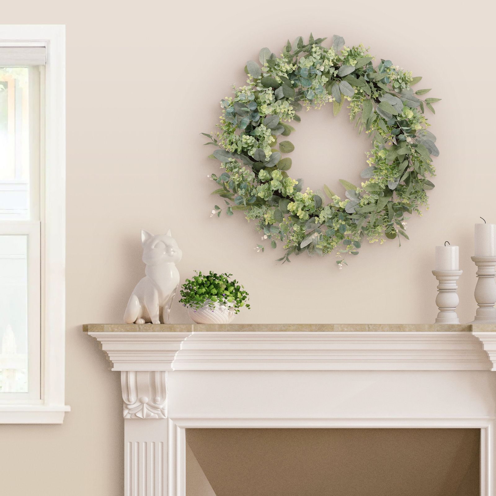 30" Artificial Eucalyptus Spring Wreath With Creeping Jenny Leaves, 5" W x 30" H x 5" D