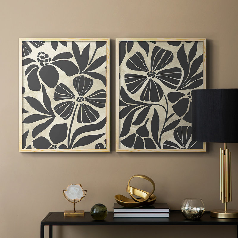 Linocut Garden I-Premium, impression encadrée - prête à être accrochée - aucun clou requis - aucun clou requis, Bois naturel
