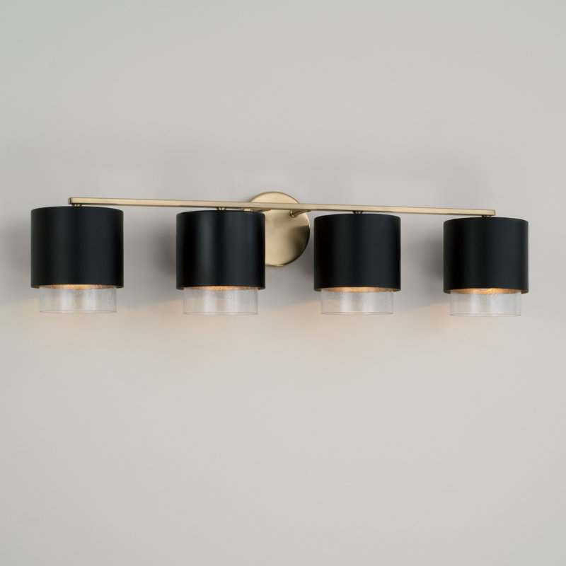 33.50"W x 8.25"H 4-Light Cylindrical Metal Vanity and Seeded Glass, Matte Brass/Black