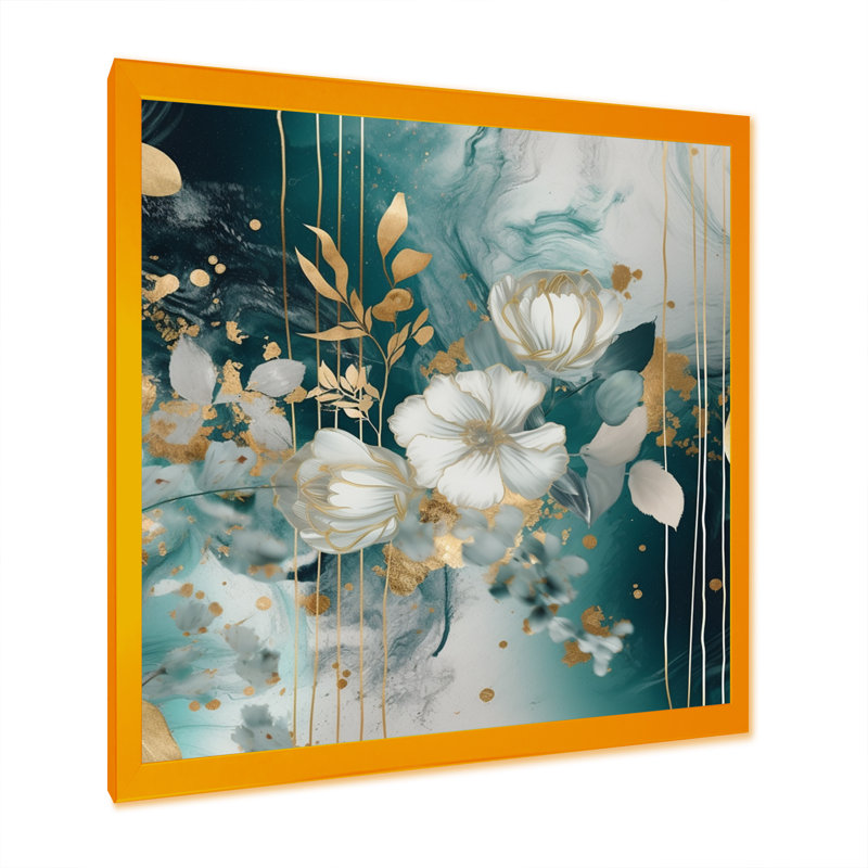 Fleurs de marbre bleu doré I - impression, H 24 po x l 24 po x P 1 po, Encadrement doré