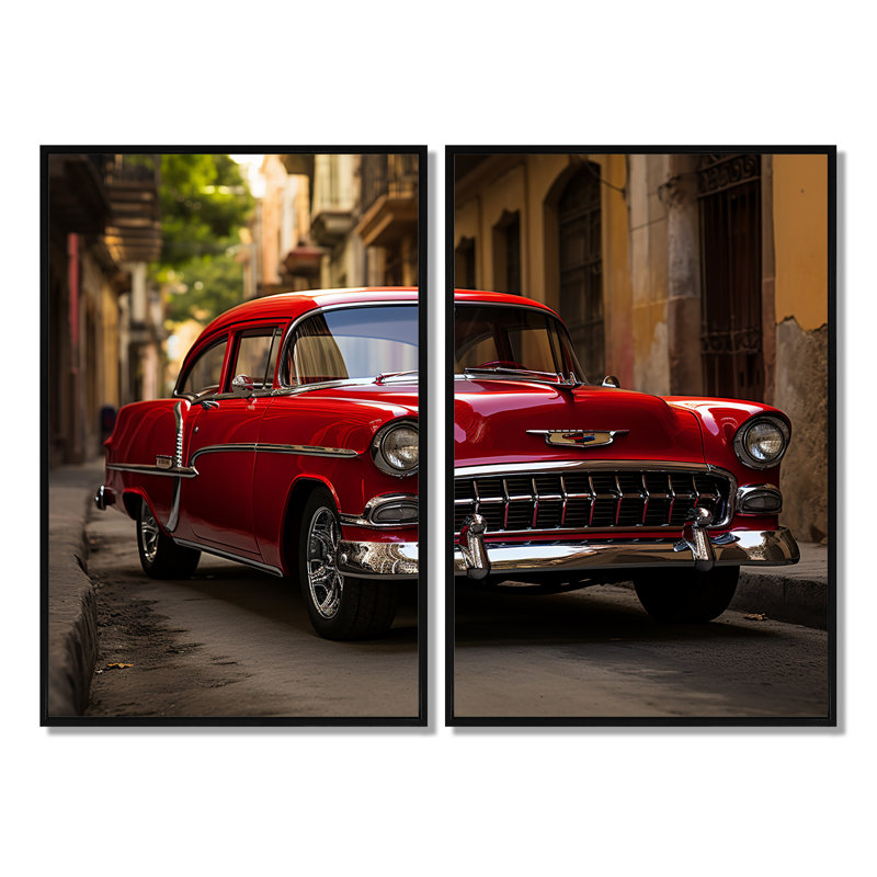 «Havana Red Car - Cuba Landscape», ensemble de 2 grandes impressions sur toile, H 36 po x l 48 po, Noir