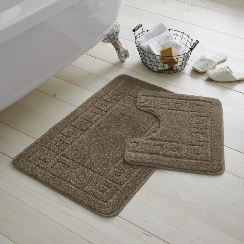 2 Piece Bathroom Rug Set Greek Key Pattern Bath Mat & Pedestal Mat Non Slip Rubber Back Soft Absorbent Mats, Mocha