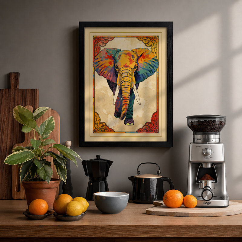 Ornamental Elephant Facing Eclectic - Framed Print, Black, A3 - 42.0 x 29.7 cm