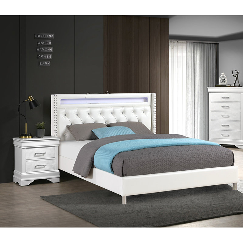 Modern Style Queen Size Bed LED Lights Charging Port Button Tufted Metal Legs White Finish Bedroom Furniture