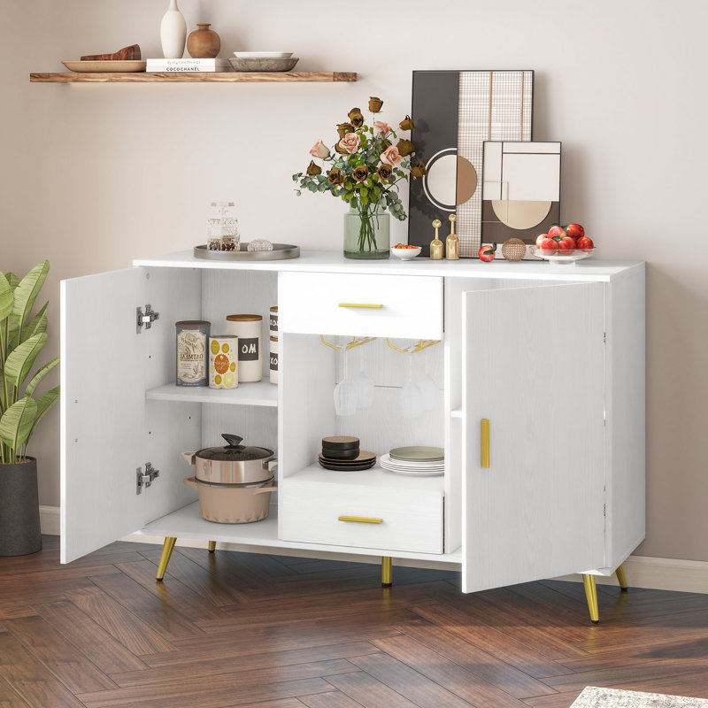 Tioga 47.2"W Wood Storage Sideboard with 2-Dawers & 2-Doors &Wine Glasses Hanging Rack, White