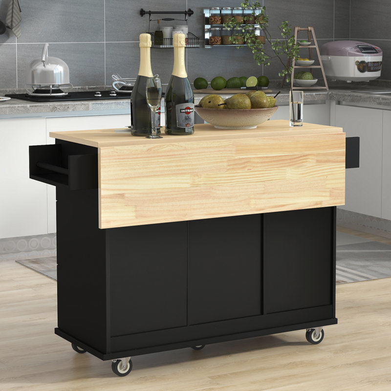 Îlot de cuisine de 52,7 po de largeur avec plateau en bois massif, Noir, noir, noir, noir