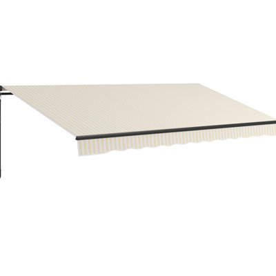 Yard Awning - , Manual Retractable, 13' X 10', Beige And White 10' Retractable Deck Crank, Protected, Fabric