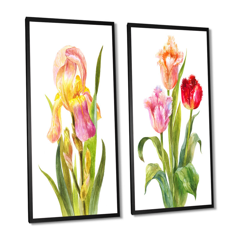 «Pink and Yellow Iris Flower», ensemble de 2 peintures sur toiles, H 20 po x l 24 po x P 1 po, Cadre photo noir