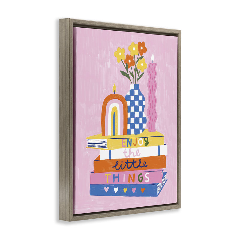 «Enjoy Little Things Bookstack», art mural encadré sur toile flottante par Lisa Barlow, Cadre flottant orme Montalcino