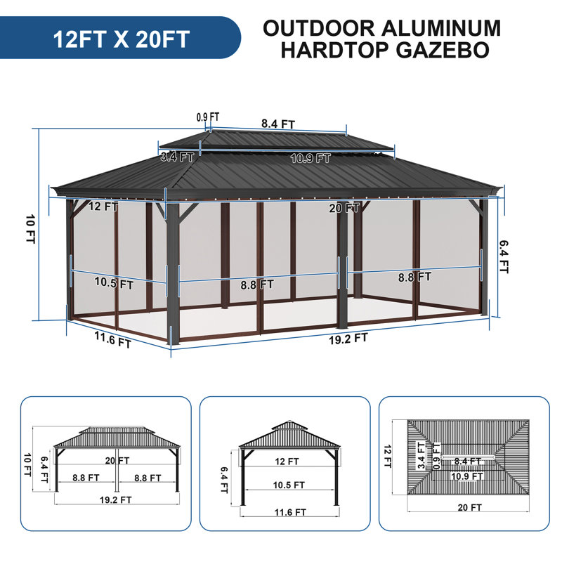20 ft Black Aluminum Patio Gazebo with Steel Roof