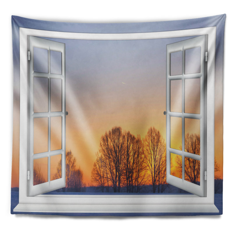 La fenêtre paysage au coucher de soleil par-dessus la neige tapisserie, H 32 po x l 39 po