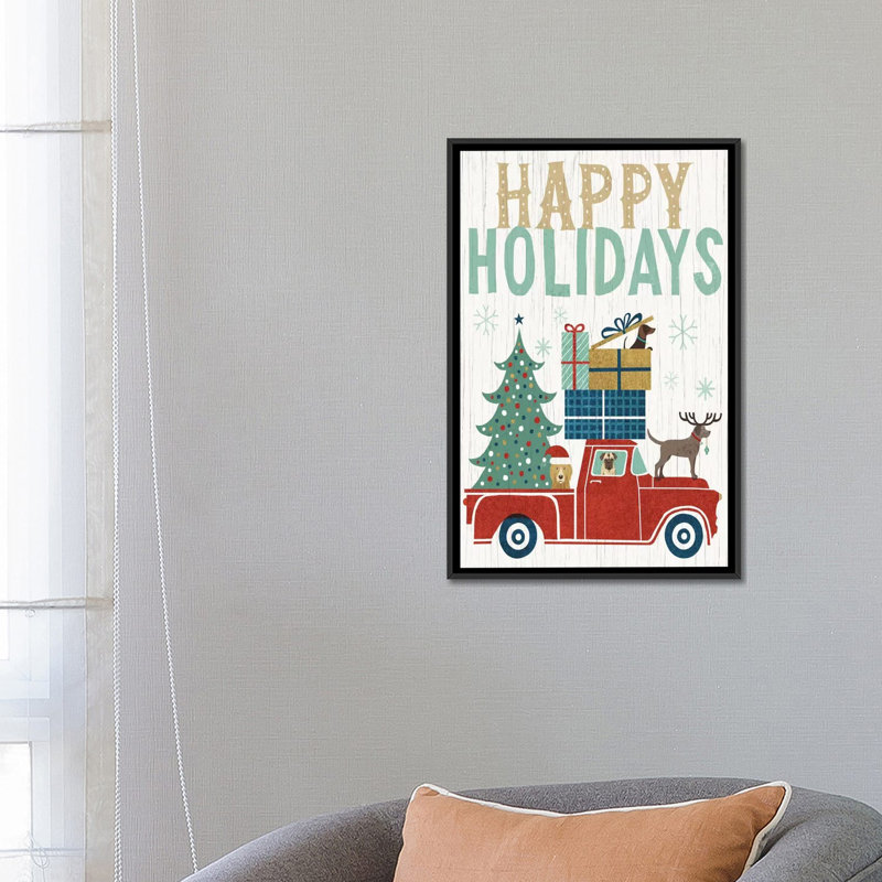«Holiday on Wheels Series: Happy Holidays II» par Michael Mullan, reproduction d'art textuel sur toile, Toile encadrée noire
