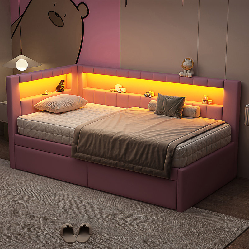 Lit plateforme tapissier simple avec ports USB et ceinture à DEL, avec 2 tiroirs