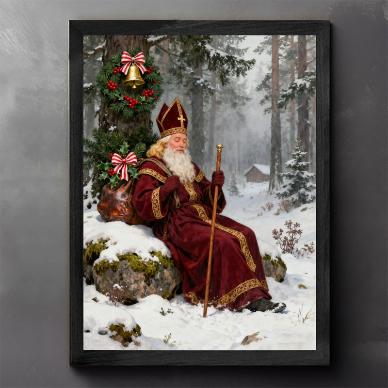 Art mural rétro noir encadré père Noël Saint-Père, H 37 po x l 25 po