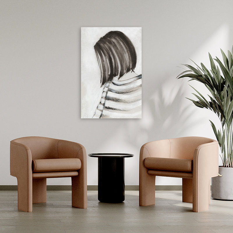 Portrait et femme, réflexion silencieuse à rayures monochromes, H 36 po x l 24 po